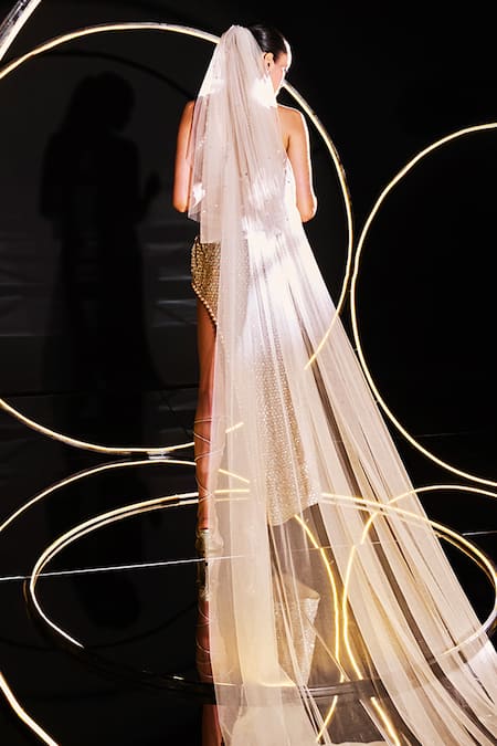 Shop Ohaila Khan Multi Color Tulle Sequins, Pearls One Hand Embellished Crop Top With Skirt at Aza Fashions Shop_Ohaila Khan_Multi Color Tulle Sequins, Pearls One Hand Embellished Crop Top With Skirt _at_Aza_Fashions