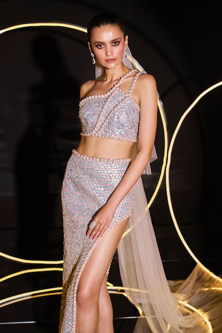 Buy Ohaila Khan Multi Color Tulle Sequins, Pearls One Hand Embellished Crop Top With Skirt Online at Aza Fashions Buy_Ohaila Khan_Multi Color Tulle Sequins, Pearls One Hand Embellished Crop Top With Skirt _Online_at_Aza_Fashions