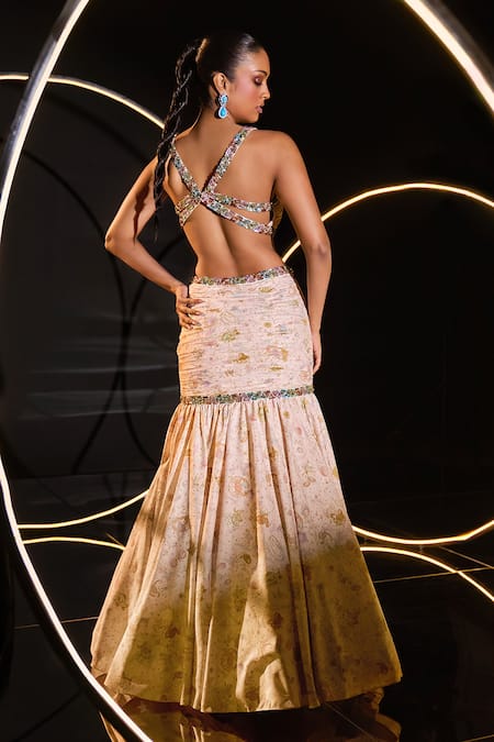 Shop Ohaila Khan Multi Color Tulle, Polyester Sequins, Lyneth Modern Fish Cut Lehenga Set at Aza Fashions Shop_Ohaila Khan_Multi Color Tulle, Polyester Sequins, Lyneth Modern Fish Cut Lehenga Set _at_Aza_Fashions