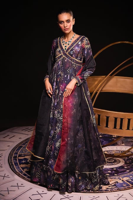 Ohaila Khan Multi Color Polymoss Hand Embroidered Astro Cosmic Print Anarkali With Dupatta 