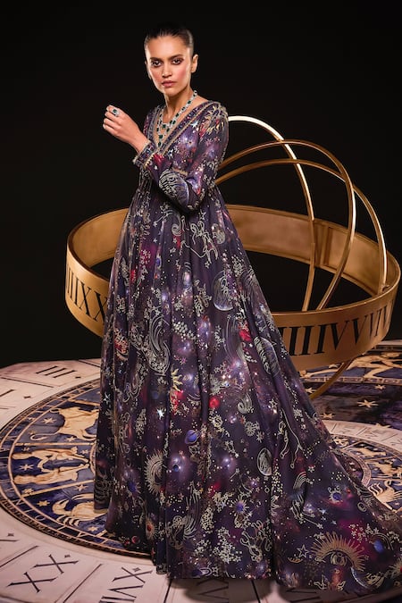 Ohaila Khan Multi Color Organza, Polyamide Sequins, Astro Cosmic Print Anarkali With Dupatta Online at Aza Fashions Ohaila Khan_Multi Color Organza, Polyamide Sequins, Astro Cosmic Print Anarkali With Dupatta _Online_at_Aza_Fashions