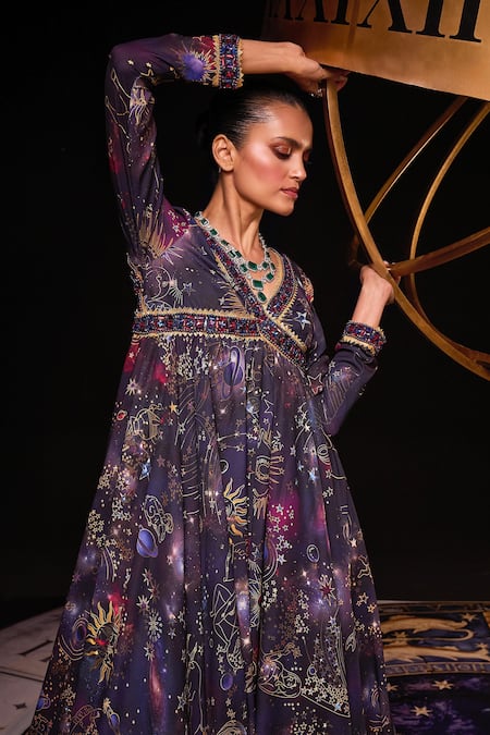 Ohaila Khan Multi Color Organza, Polyamide Sequins, Astro Cosmic Print Anarkali With Dupatta at Aza Fashions Ohaila Khan_Multi Color Organza, Polyamide Sequins, Astro Cosmic Print Anarkali With Dupatta _at_Aza_Fashions