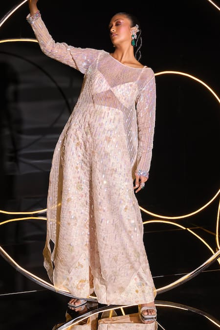 Shop_Ohaila Khan_Multi Color Organza, Polyester, Polyamide Hand Embellished Kurta Pant Set _at_Aza_Fashions