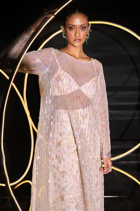 Buy_Ohaila Khan_Multi Color Organza, Polyester, Polyamide Hand Embellished Kurta Pant Set _Online_at_Aza_Fashions