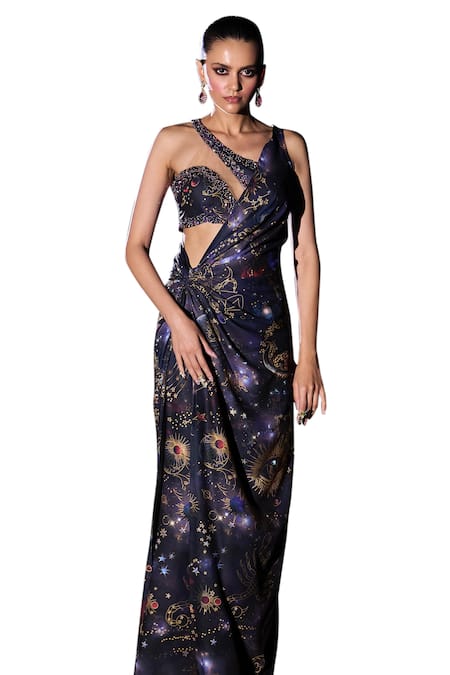 Buy Ohaila Khan Multi Color Tulle, Polyester Starburst Constellation Print Saree Gown Set Online at Aza Fashions Buy_Ohaila Khan_Multi Color Tulle, Polyester Starburst Constellation Print Saree Gown Set _Online_at_Aza_Fashions