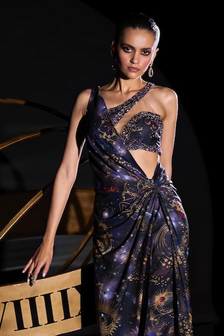Shop Ohaila Khan Multi Color Tulle, Polyester Starburst Constellation Print Saree Gown Set Online at Aza Fashions Shop_Ohaila Khan_Multi Color Tulle, Polyester Starburst Constellation Print Saree Gown Set _Online_at_Aza_Fashions