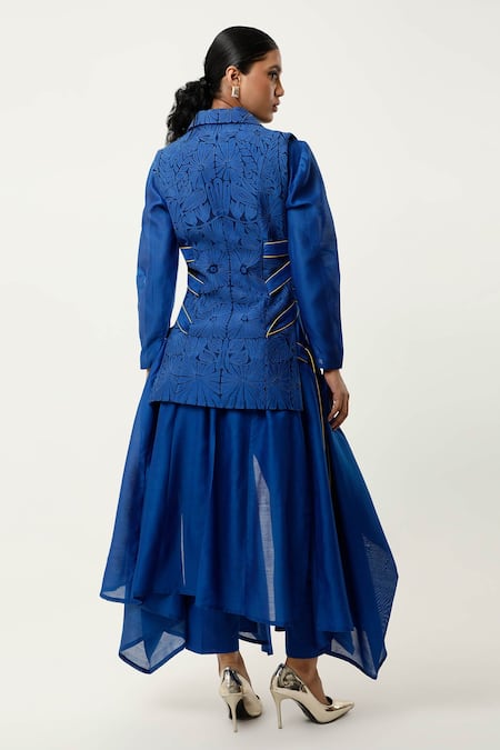 Shop Jajaabor Blue Silk Organza, , Satin, Cutwork Jacket With Draped Kurta Set at Aza Fashions Shop_Jajaabor_Blue Silk Organza, , Satin, Cutwork Jacket With Draped Kurta Set _at_Aza_Fashions