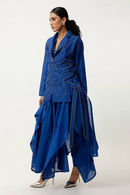 Jajaabor Blue Silk Organza, , Satin, Cutwork Jacket With Draped Kurta Set Online at Aza Fashions Jajaabor_Blue Silk Organza, , Satin, Cutwork Jacket With Draped Kurta Set _Online_at_Aza_Fashions
