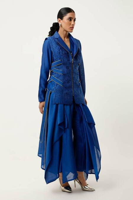Buy Jajaabor Blue Silk Organza, , Satin, Cutwork Jacket With Draped Kurta Set Online at Aza Fashions Buy_Jajaabor_Blue Silk Organza, , Satin, Cutwork Jacket With Draped Kurta Set _Online_at_Aza_Fashions