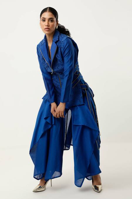 Shop Jajaabor Blue Silk Organza, , Satin, Cutwork Jacket With Draped Kurta Set Online at Aza Fashions Shop_Jajaabor_Blue Silk Organza, , Satin, Cutwork Jacket With Draped Kurta Set _Online_at_Aza_Fashions