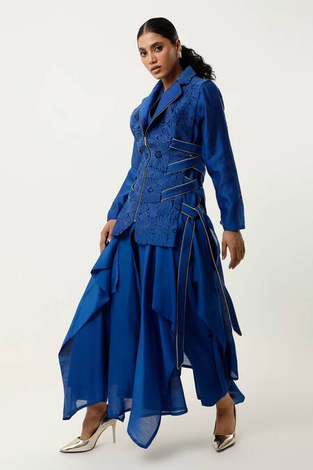 Jajaabor Blue Silk Organza, , Satin, Cutwork Jacket With Draped Kurta Set at Aza Fashions Jajaabor_Blue Silk Organza, , Satin, Cutwork Jacket With Draped Kurta Set _at_Aza_Fashions