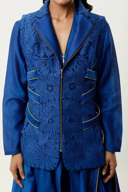 Buy Jajaabor Blue Silk Organza, , Satin, Cutwork Jacket With Draped Kurta Set Buy_Jajaabor_Blue Silk Organza, , Satin, Cutwork Jacket With Draped Kurta Set