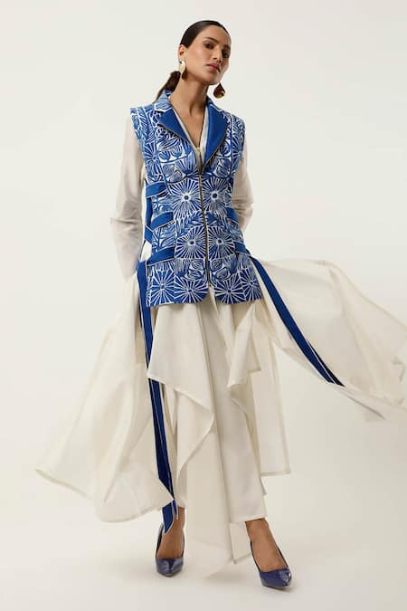 Jajaabor Blue Silk Chanderi Embroidered Cutwork Floral Jacket With Draped Kurta Set 