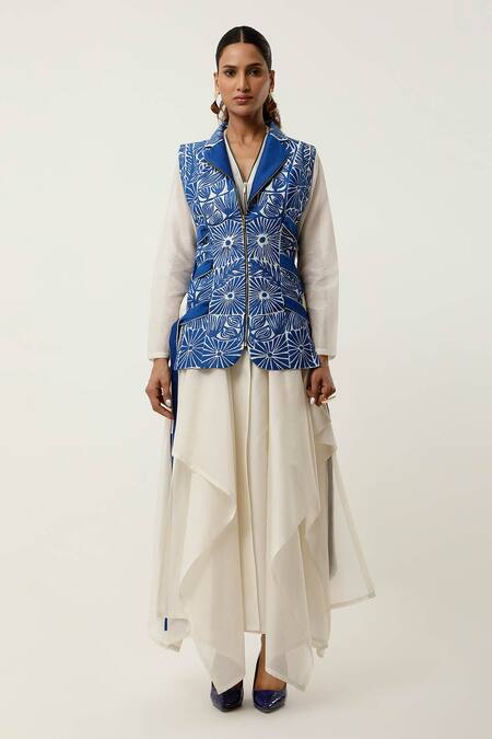 Jajaabor_Blue Silk Organza, , Floral Cutwork Jacket With Draped Kurta Set _Online_at_Aza_Fashions
