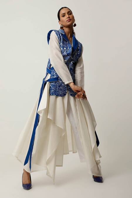 Shop_Jajaabor_Blue Silk Organza, , Floral Cutwork Jacket With Draped Kurta Set _Online_at_Aza_Fashions