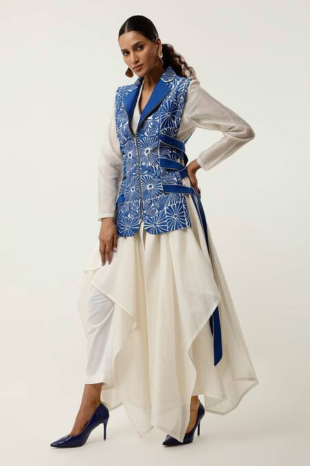 Jajaabor_Blue Silk Organza, , Floral Cutwork Jacket With Draped Kurta Set _at_Aza_Fashions
