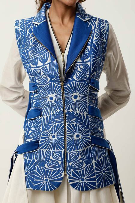 Buy_Jajaabor_Blue Silk Organza, , Floral Cutwork Jacket With Draped Kurta Set 