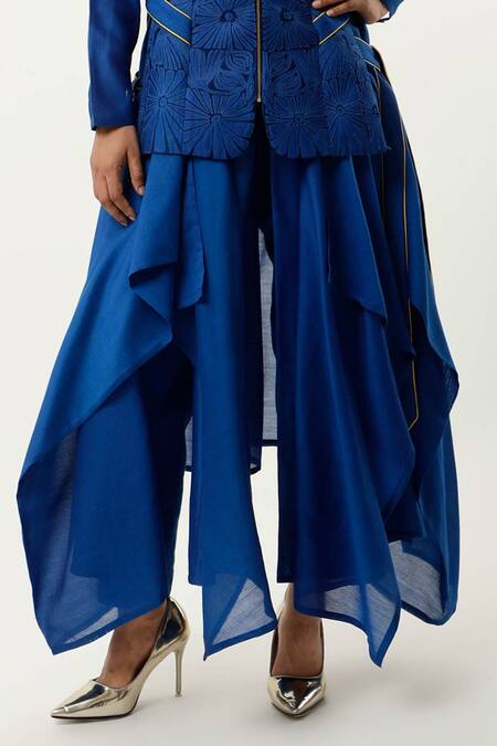 Shop_Jajaabor_Blue Silk Organza, , Floral Cutwork Jacket With Draped Kurta Set 