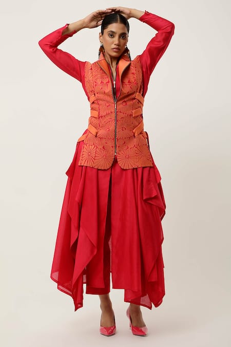 Jajaabor Orange Silk Organza, Cotton Satin, Side Tie-up Jacket With Draped Kurta Set