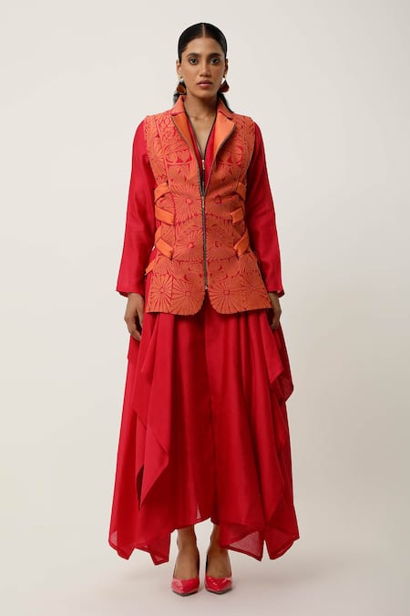 Jajaabor Orange Silk Organza, Cotton Satin, Side Tie-up Jacket With Draped Kurta Set Online at Aza Fashions Jajaabor_Orange Silk Organza, Cotton Satin, Side Tie-up Jacket With Draped Kurta Set _Online_at_Aza_Fashions