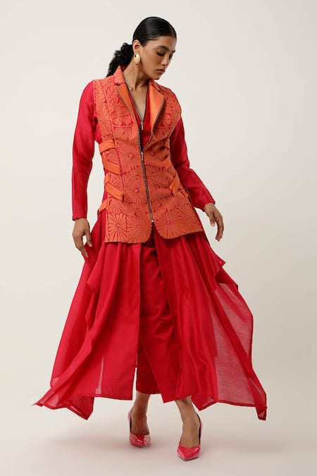 Shop Jajaabor Orange Silk Organza, Cotton Satin, Side Tie-up Jacket With Draped Kurta Set Online at Aza Fashions Shop_Jajaabor_Orange Silk Organza, Cotton Satin, Side Tie-up Jacket With Draped Kurta Set _Online_at_Aza_Fashions
