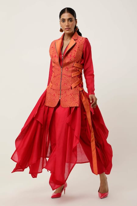 Jajaabor Orange Silk Organza, Cotton Satin, Side Tie-up Jacket With Draped Kurta Set at Aza Fashions Jajaabor_Orange Silk Organza, Cotton Satin, Side Tie-up Jacket With Draped Kurta Set _at_Aza_Fashions