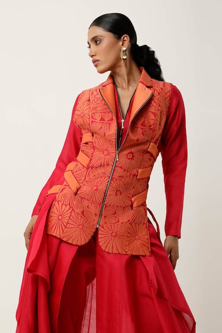 Buy Jajaabor Orange Silk Organza, Cotton Satin, Side Tie-up Jacket With Draped Kurta Set Buy_Jajaabor_Orange Silk Organza, Cotton Satin, Side Tie-up Jacket With Draped Kurta Set