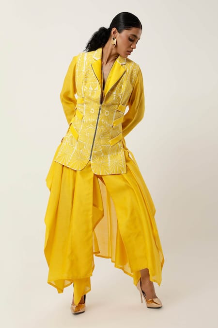 Jajaabor Yellow Silk Organza, , Silk, Floral Jacket With Draped Kurta Set