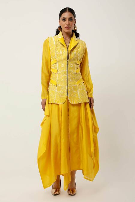 Jajaabor Yellow Silk Organza, , Silk, Floral Jacket With Draped Kurta Set Online at Aza Fashions Jajaabor_Yellow Silk Organza, , Silk, Floral Jacket With Draped Kurta Set _Online_at_Aza_Fashions