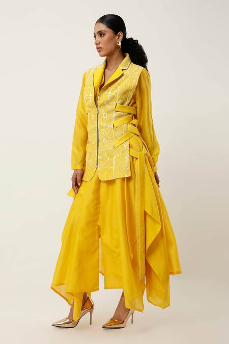 Shop Jajaabor Yellow Silk Organza, , Silk, Floral Jacket With Draped Kurta Set Online at Aza Fashions Shop_Jajaabor_Yellow Silk Organza, , Silk, Floral Jacket With Draped Kurta Set _Online_at_Aza_Fashions