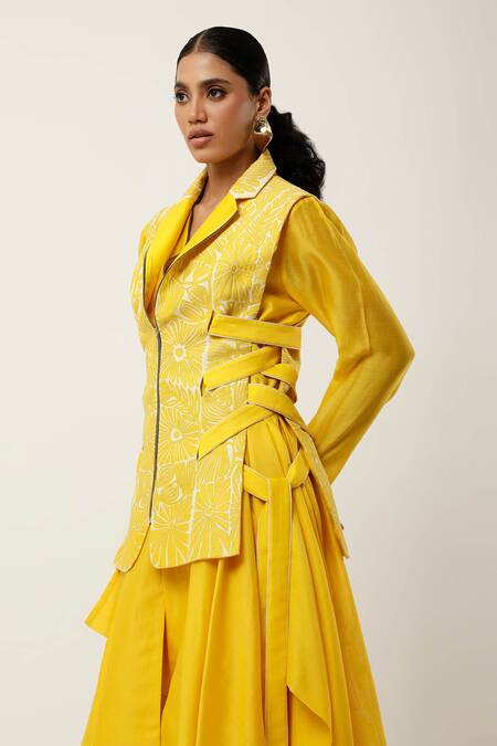 Jajaabor Yellow Silk Organza, , Silk, Floral Jacket With Draped Kurta Set at Aza Fashions Jajaabor_Yellow Silk Organza, , Silk, Floral Jacket With Draped Kurta Set _at_Aza_Fashions