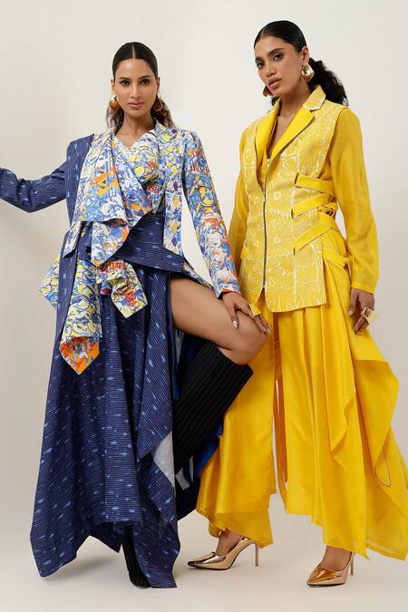 Buy Jajaabor Yellow Silk Organza, , Silk, Floral Jacket With Draped Kurta Set Buy_Jajaabor_Yellow Silk Organza, , Silk, Floral Jacket With Draped Kurta Set