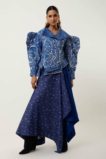 Jajaabor Blue Silk Chanderi Embroidered Cutwork Collar Floral Jacket