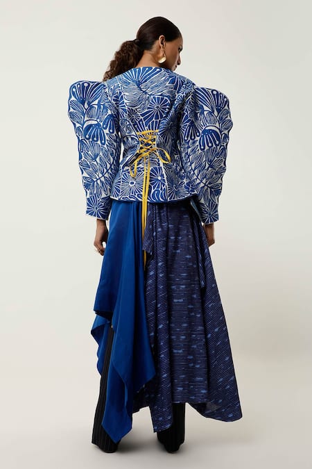 Shop Jajaabor Blue Silk Chanderi Embroidered Cutwork Collar Floral Jacket at Aza Fashions Shop_Jajaabor_Blue Silk Chanderi Embroidered Cutwork Collar Floral Jacket _at_Aza_Fashions