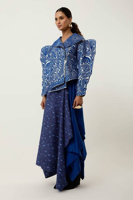 Jajaabor Blue Silk Chanderi Embroidered Cutwork Collar Floral Jacket Online at Aza Fashions Jajaabor_Blue Silk Chanderi Embroidered Cutwork Collar Floral Jacket _Online_at_Aza_Fashions