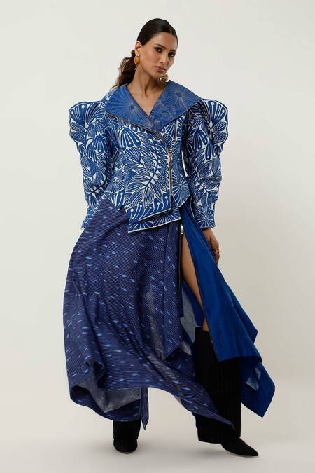 Shop Jajaabor Blue Silk Chanderi Embroidered Cutwork Collar Floral Jacket Online at Aza Fashions Shop_Jajaabor_Blue Silk Chanderi Embroidered Cutwork Collar Floral Jacket _Online_at_Aza_Fashions
