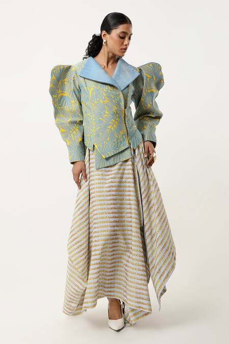 Shop_Jajaabor_Blue Silk Chanderi Embroidered Cutwork Notched Lapel Floral Jacket With Skirt _Online_at_Aza_Fashions