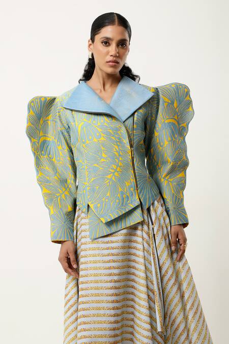 Jajaabor_Blue Silk Chanderi Embroidered Cutwork Notched Lapel Floral Jacket With Skirt _at_Aza_Fashions