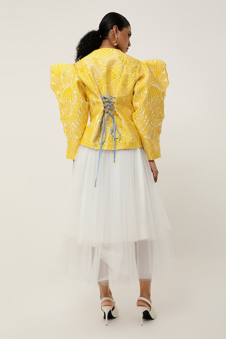 Shop Jajaabor Yellow Silk Chanderi Embroidered Cutwork Collar Floral Asymmetric Jacket at Aza Fashions Shop_Jajaabor_Yellow Silk Chanderi Embroidered Cutwork Collar Floral Asymmetric Jacket _at_Aza_Fashions