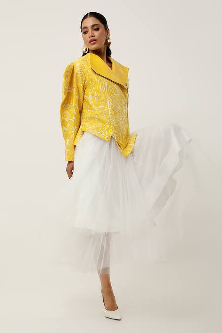 Jajaabor Yellow Silk Chanderi Embroidered Cutwork Collar Floral Asymmetric Jacket Online at Aza Fashions Jajaabor_Yellow Silk Chanderi Embroidered Cutwork Collar Floral Asymmetric Jacket _Online_at_Aza_Fashions