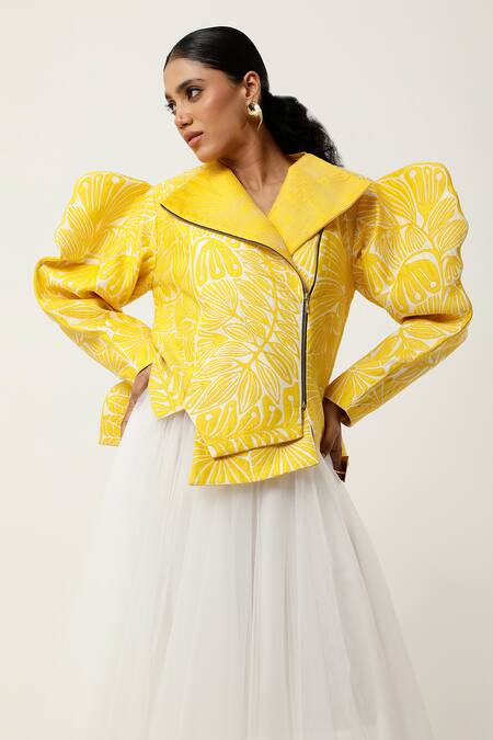Buy Jajaabor Yellow Silk Chanderi Embroidered Cutwork Collar Floral Asymmetric Jacket Online at Aza Fashions Buy_Jajaabor_Yellow Silk Chanderi Embroidered Cutwork Collar Floral Asymmetric Jacket _Online_at_Aza_Fashions