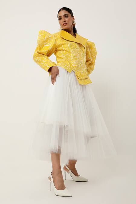 Shop Jajaabor Yellow Silk Chanderi Embroidered Cutwork Collar Floral Asymmetric Jacket Online at Aza Fashions Shop_Jajaabor_Yellow Silk Chanderi Embroidered Cutwork Collar Floral Asymmetric Jacket _Online_at_Aza_Fashions