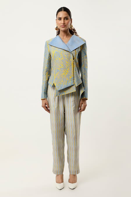 Jajaabor Blue Silk Chanderi Embroidered Cutwork Notched Floral Jacket With Stripped Pant 