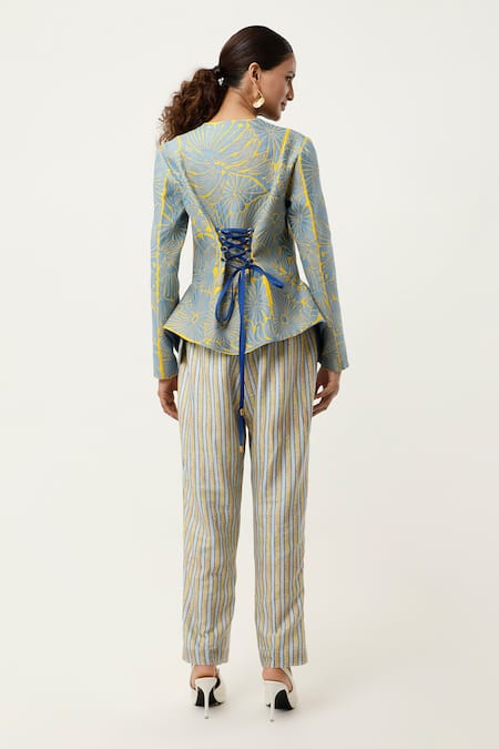 Shop Jajaabor Blue Silk Chanderi Embroidered Cutwork Notched Floral Jacket With Stripped Pant at Aza Fashions Shop_Jajaabor_Blue Silk Chanderi Embroidered Cutwork Notched Floral Jacket With Stripped Pant _at_Aza_Fashions
