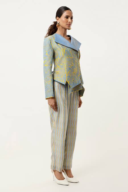 Jajaabor Blue Silk Chanderi Embroidered Cutwork Notched Floral Jacket With Stripped Pant Online at Aza Fashions Jajaabor_Blue Silk Chanderi Embroidered Cutwork Notched Floral Jacket With Stripped Pant _Online_at_Aza_Fashions