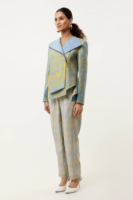 Buy Jajaabor Blue Silk Chanderi Embroidered Cutwork Notched Floral Jacket With Stripped Pant Online at Aza Fashions Buy_Jajaabor_Blue Silk Chanderi Embroidered Cutwork Notched Floral Jacket With Stripped Pant _Online_at_Aza_Fashions