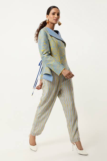 Shop Jajaabor Blue Silk Chanderi Embroidered Cutwork Notched Floral Jacket With Stripped Pant Online at Aza Fashions Shop_Jajaabor_Blue Silk Chanderi Embroidered Cutwork Notched Floral Jacket With Stripped Pant _Online_at_Aza_Fashions