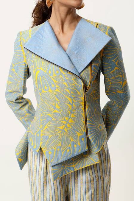 Jajaabor Blue Silk Chanderi Embroidered Cutwork Notched Floral Jacket With Stripped Pant at Aza Fashions Jajaabor_Blue Silk Chanderi Embroidered Cutwork Notched Floral Jacket With Stripped Pant _at_Aza_Fashions