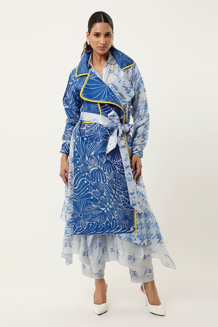 Jajaabor Blue Silk Chanderi Embroidered Cutwork Notched Lapel Asymmetric Organza Trench 