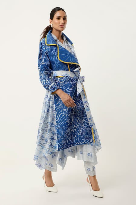 Jajaabor Blue Silk Chanderi Embroidered Cutwork Notched Lapel Asymmetric Organza Trench Online at Aza Fashions Jajaabor_Blue Silk Chanderi Embroidered Cutwork Notched Lapel Asymmetric Organza Trench _Online_at_Aza_Fashions